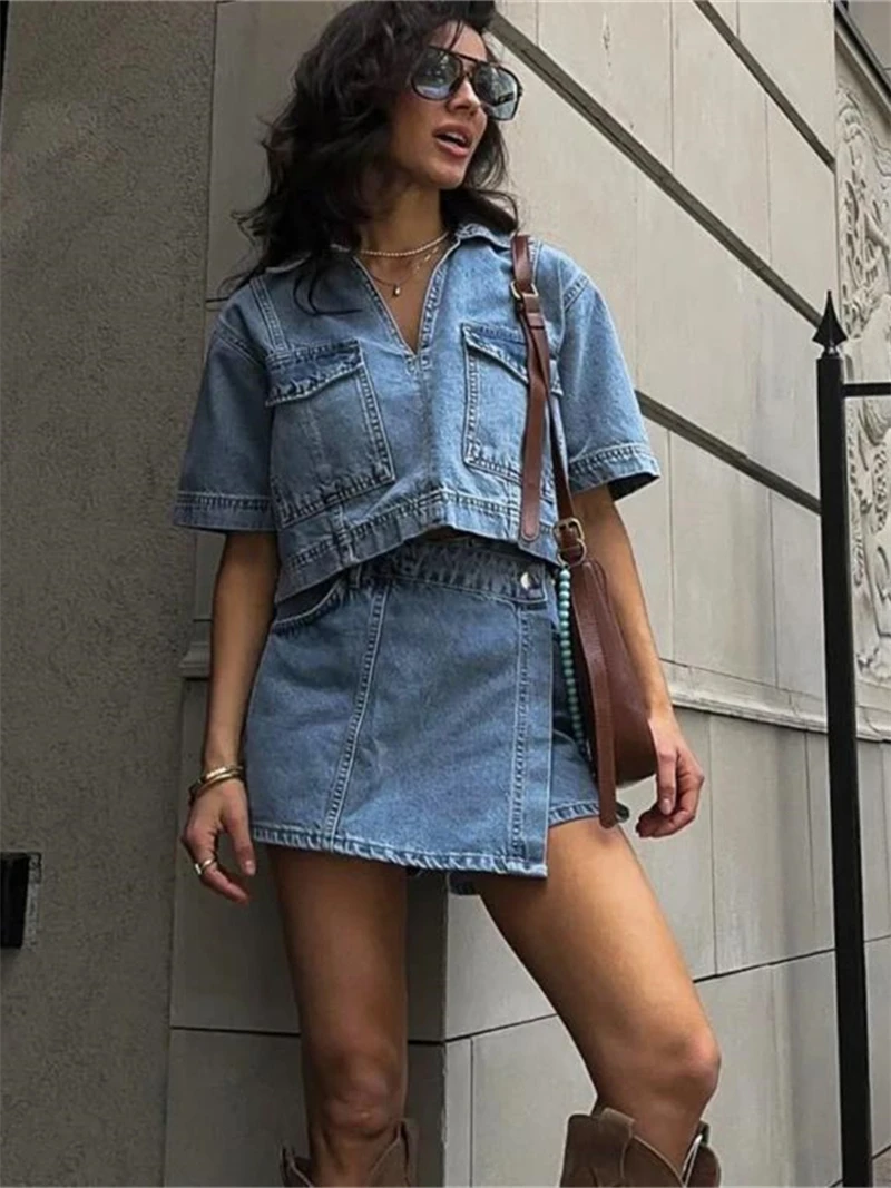 Fashion Denim 2 Piece Sets Women Outfit Summer Clothing Women 2026 Lapel Neck Crop Top Mini Shorts Skirts Suit Cowboy Dress Sets