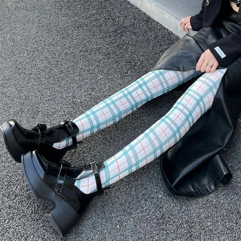Womens Sexy Thigh High Tights Stockings Plaids Printed Pantyhose Stockings Leggings Socks Long Body Thigh High Stockings