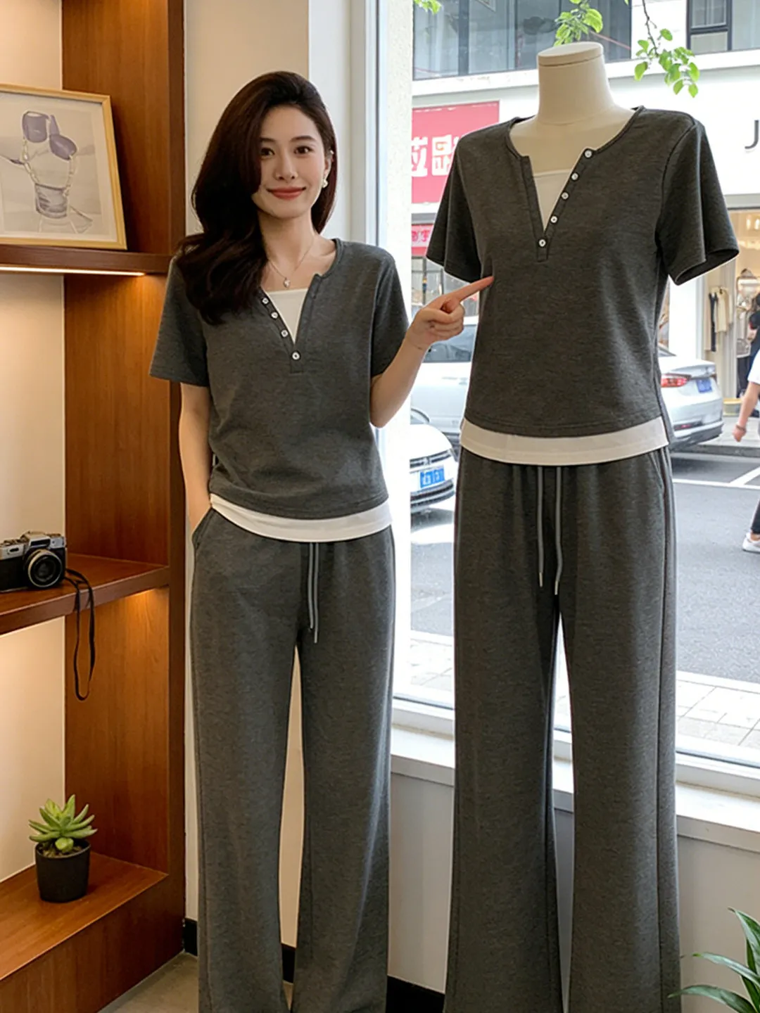 

Grey Casual Sportswear Set Women Summer Design Sense Splicing Fashion Short Sleeve Top Wide Leg Pants Two Piece Set