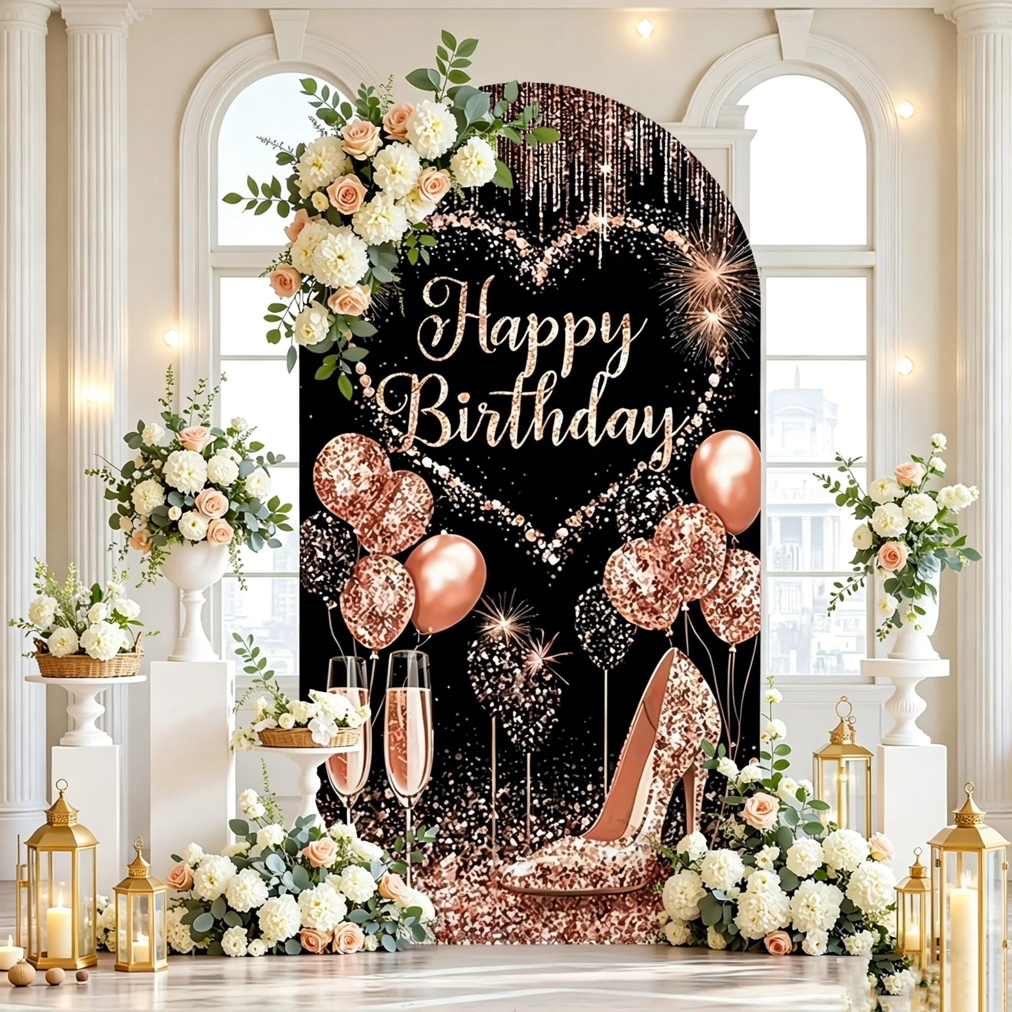 Glitter Balloons Birthday Cake Table Background 2-sided Happy Birthday Arched Backdrop Goblet High Heel Pattern DIY Name Banner