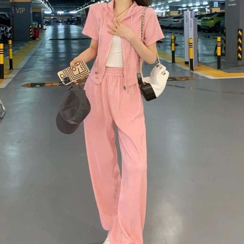 

Pink Women's 2026 Summer Two Piece Set Versatile Sweet Cool Casual Sports Suit Hooded Outfit Trendy Stylish