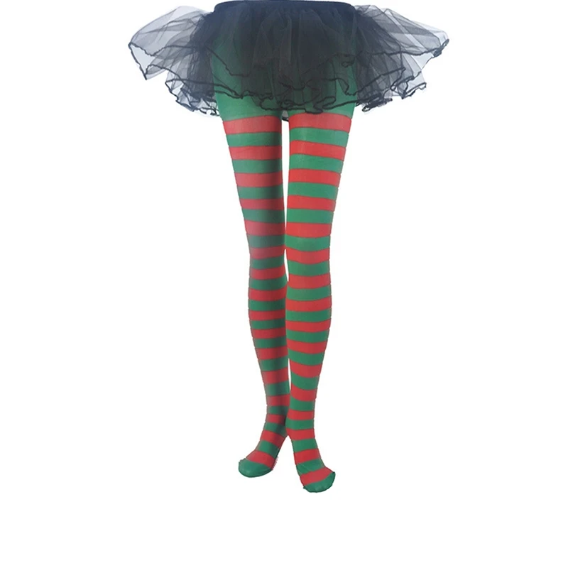 2 Set Christmas Striped Tights Thigh High Socks Stretch Pantyhose Red White + Red Green 100-110Cm For Christmas Supplies