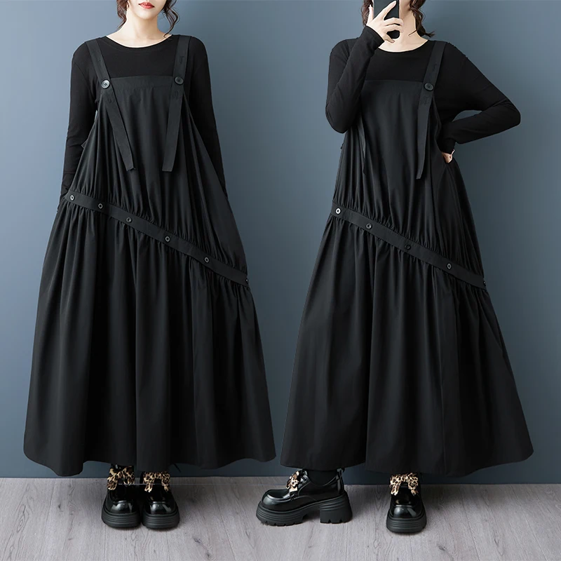 Dark Style Casual Strap Dress Fashionable Versatile Slimming Black Color All-Match Spring Autumn Wear Polyester Fiber Midi Dress