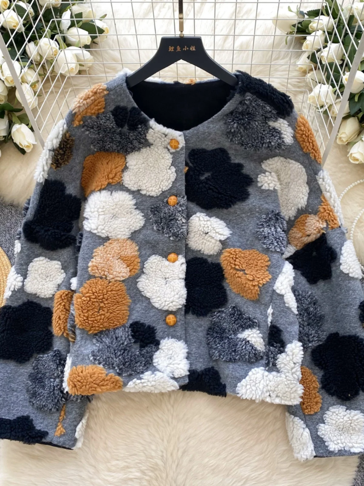 

Chic round Ne Open Cardigan Jaet Women's Faion Top Floral Print Velvet Autumn Winter New Arrival Retro Color Blo Dong...