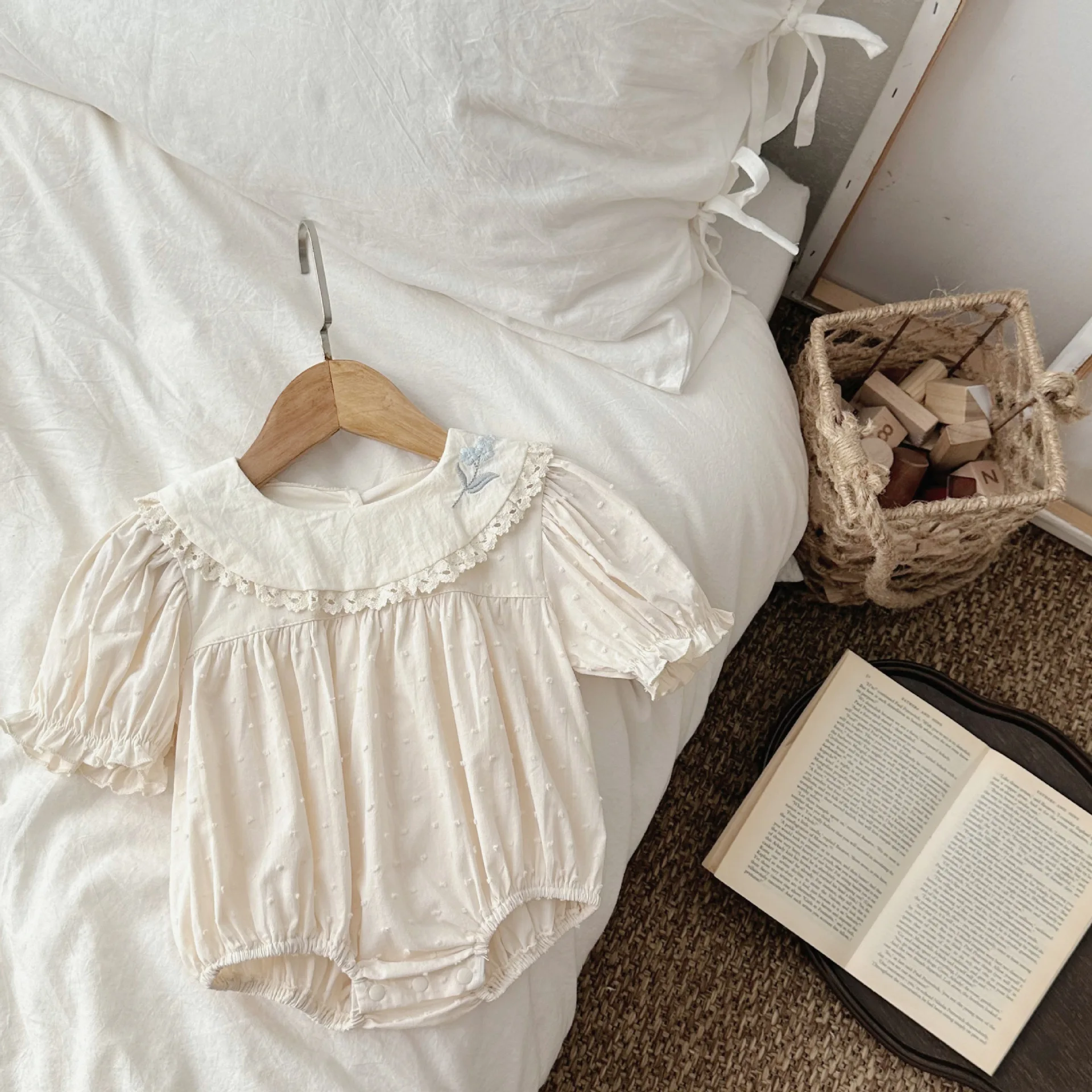 

2024 Summer New Baby Girl Flower Embroidery Lapel Bodysuit Newborn Toddler Clothes Infant Girl Short Sleeve Dot Jumpsuit 0-24M