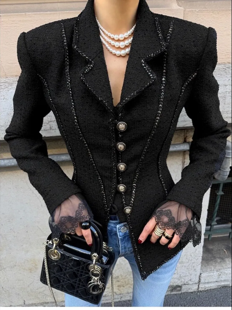Chic Korean Style Short Coat Trimmed with Lace Spring Autumn Winter Casual Wear for Women Online Exclusive Pure E-commerce