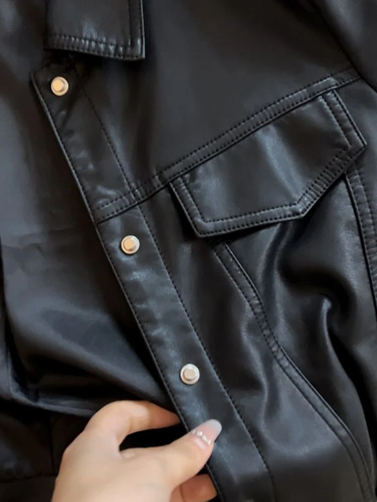 女性カジュアルラペルジャケット女性のための秋の新長袖ストリートオーバーコート女性の黒のショートオートバイレザーコート