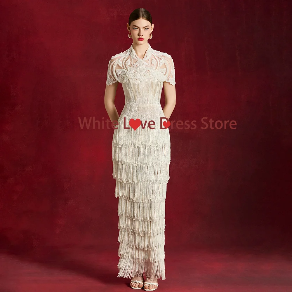 

Modern Style Prom Gown Women' Hihg Collar Tiered Tassel A-line Ankle Length Party Dress Customized Half Sleeve Evening Dress New