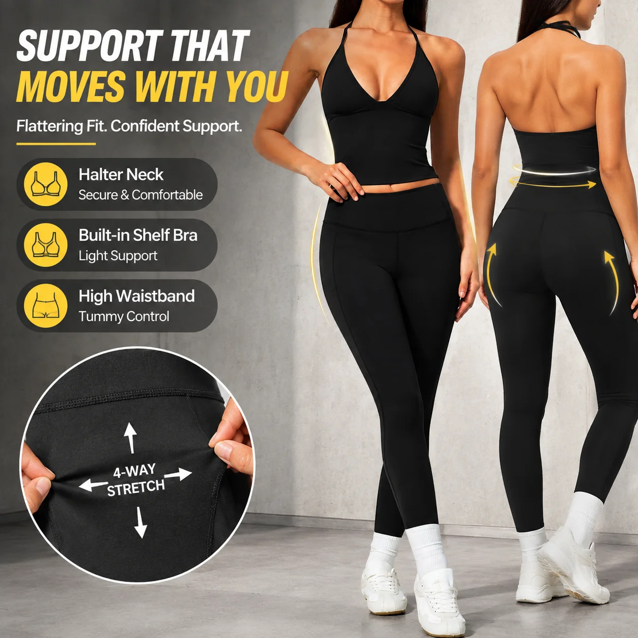 Women 2 Piece Yoga Set Halter Neck Crop Top High Waist 9/10 Ankle Leggings Tummy Control Gym Activewear