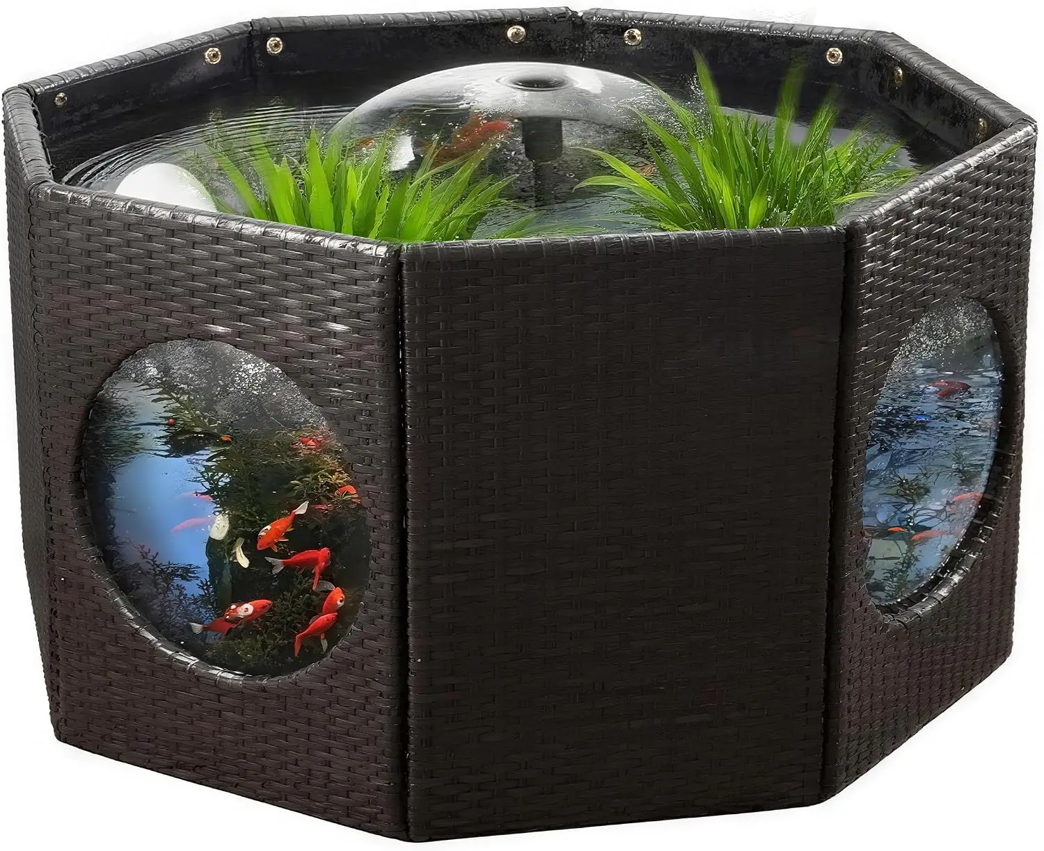 No Dig Outdoor 120 Gallon Fish Pond Kits Above Ground Rattan Fish Tank Clear Windows Koi Pond Filter Pump Spray Fountain Thick L