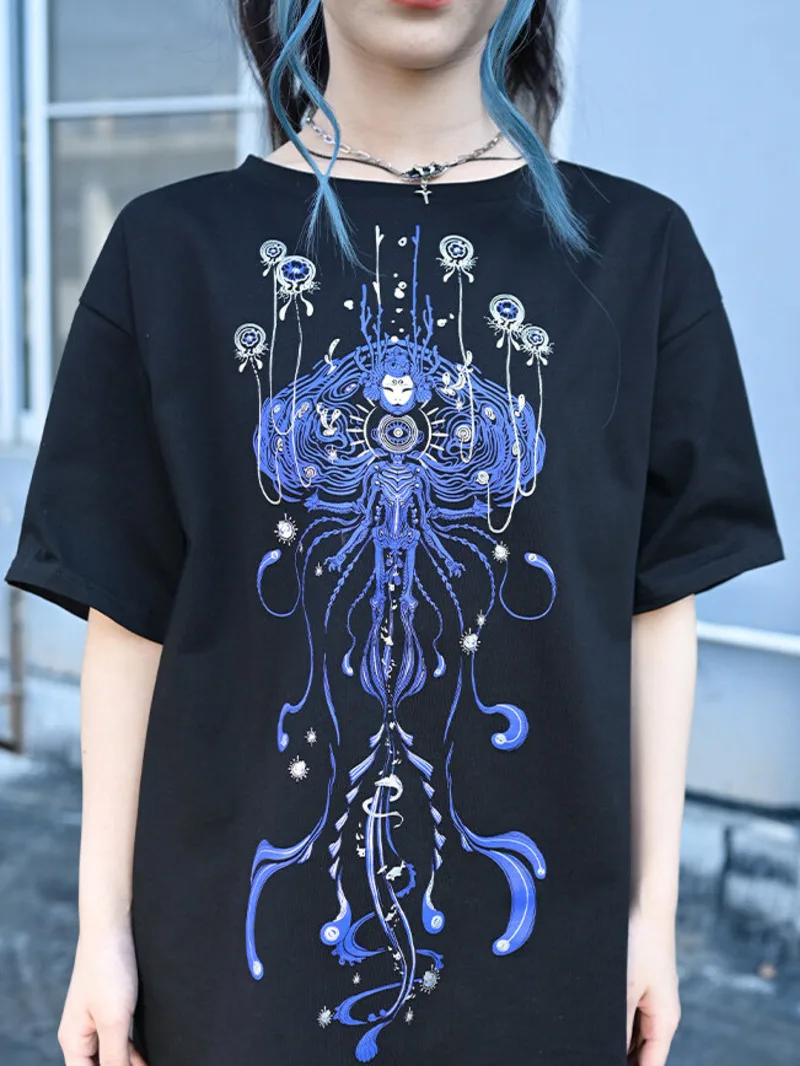

New Blue Tears Printing Design Sense T-shirt Round Neck Loose Black Pure Cotton Tops Fiesta Carnival Halloween Cosplay Summer