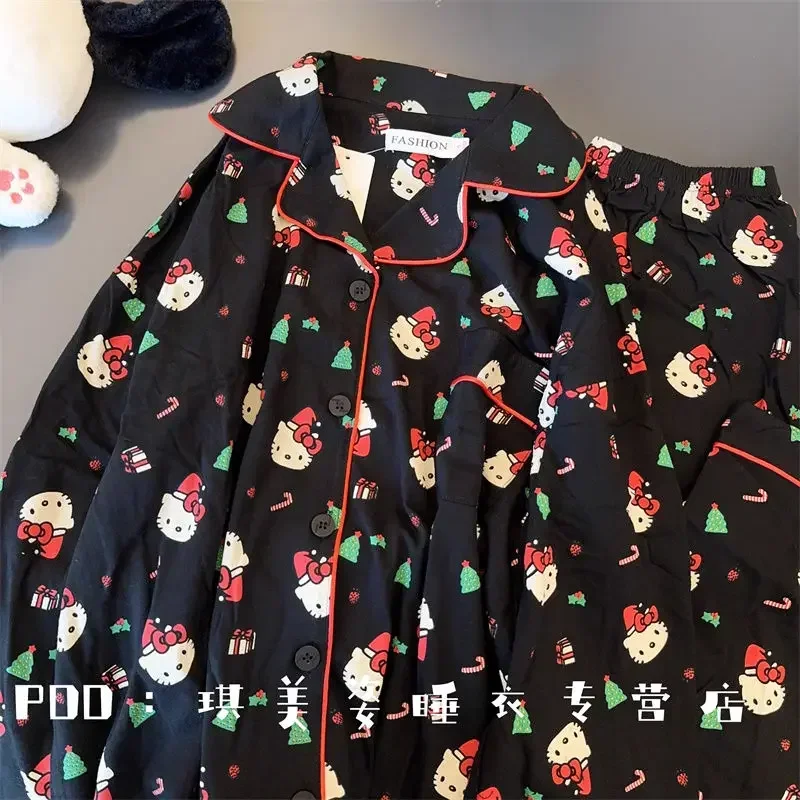 Hello Kitty Black Pajamas for Women Spring and Autumn New Style Long Sleeves Trousers Loose Comfortable Home Wear Kawaii Gift