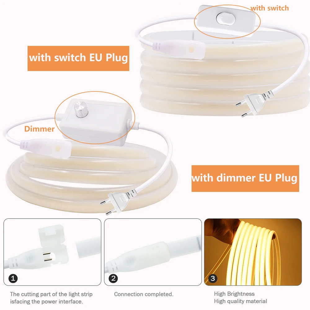 Dimmable COB LED Strip Light Dimmer/Switch EU Power Plug Kit 220V 3000K 4000K 6000K 288LED Flex Lamp Kitchen Lighting Waterproof