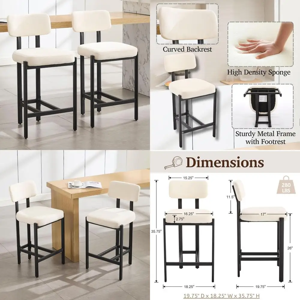 Modern Upholstered Low Back Kitchen Stools Set of 2, 26 Seat Height Metal Leg Counter Stools