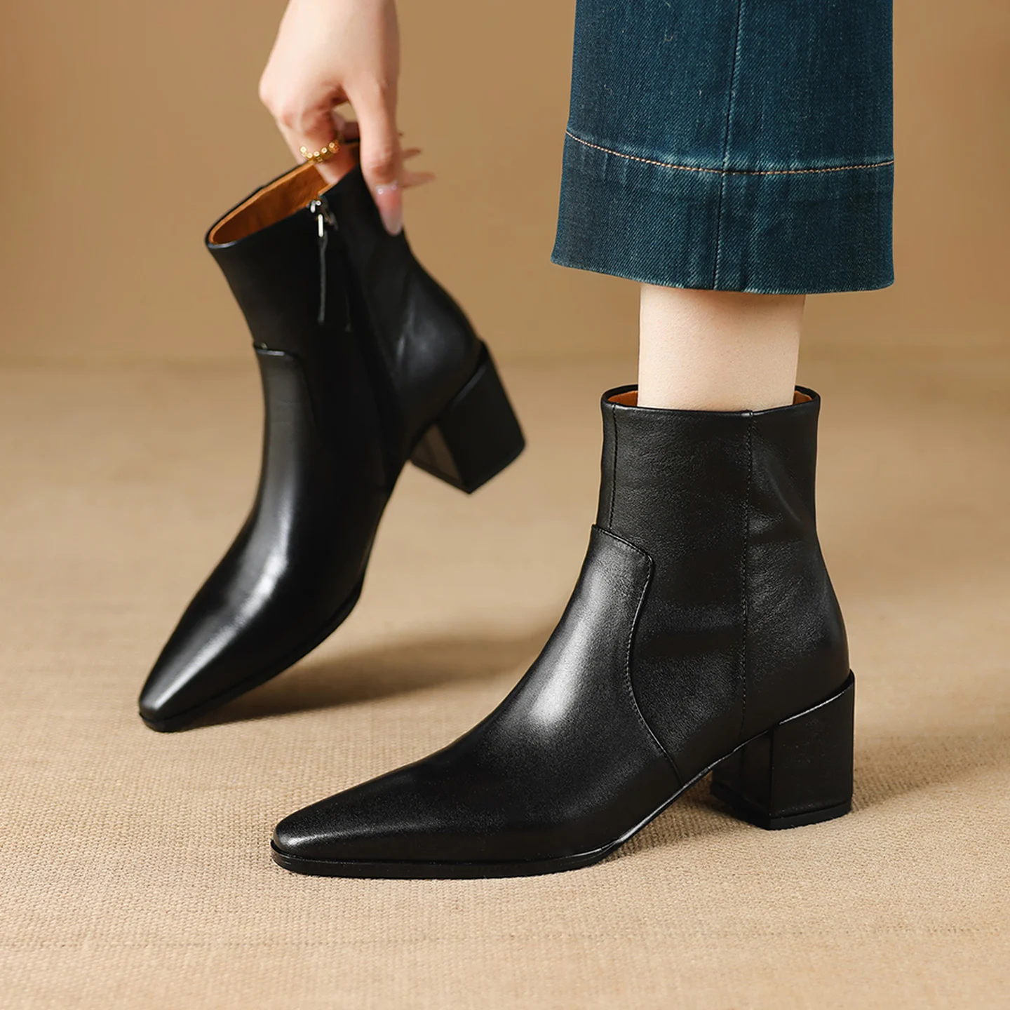 2026 new autumn winter women ankle boots natural leather plus size 22-25cm cowhide square toe thick heel side zip short boots