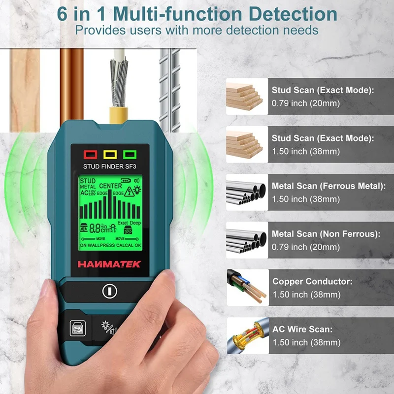 HANMATEK SF3 4 In 1 Stud Finder ไม้ Studs การตรวจจับโลหะการตรวจจับ Live สายโลหะการวัด Finder Wall เครื่องตรวจจับเครื่องสแกนเนอร์
