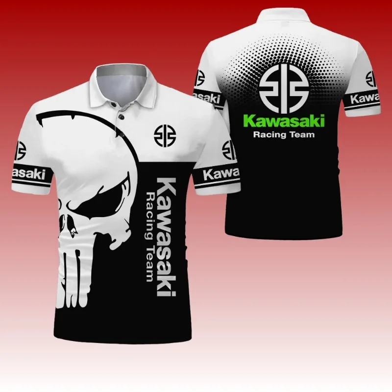 

MOTO-2025 летняя мужская новая мотоциклетная рубашка-поло Kawasaki с 3D принтом, мужская уличная повседневная спортивная модная рубашка-поло унисекс на пуговицах