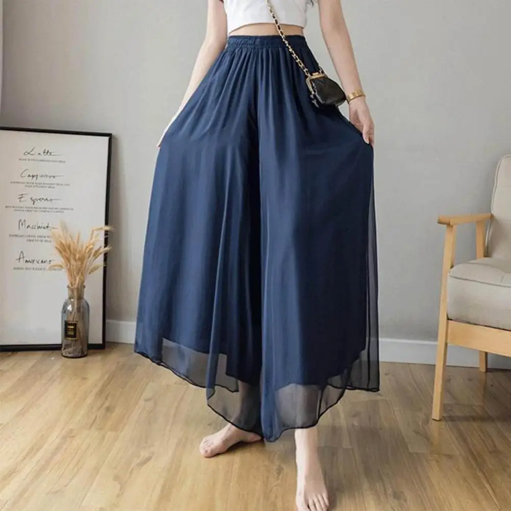 Elegant Women Skirt Pants Double-Layer Design Elastic Waist Chiffon Long Pants Solid Color Mesh Gauze Trousers