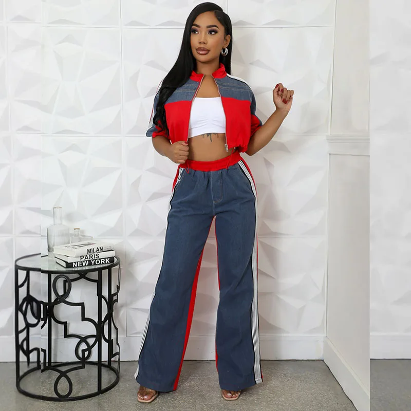 

Striped Print Two Piece Set for Woman Sporty Patchwork Drawstring Zipper Cropped Top and Wide Leg Pants Casual Workout Outfits