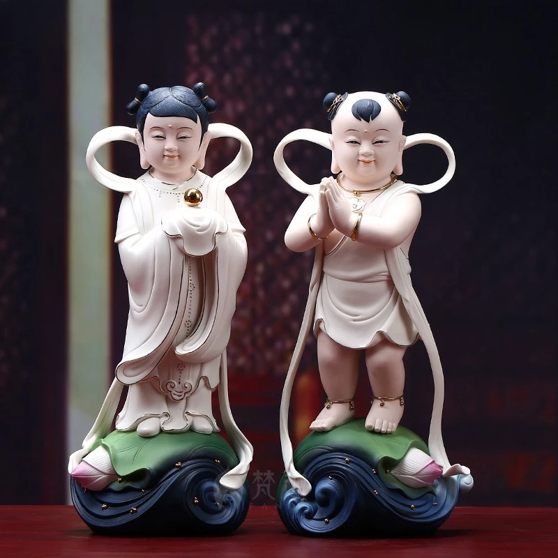 Ceramic sculpture, golden boy and jade girl Buddha statue ornament dedicated to Guanyin