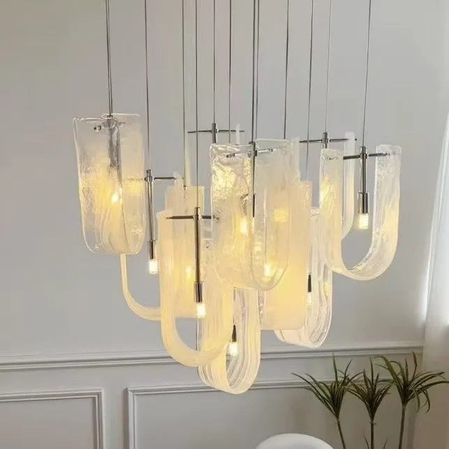 

Italian Luxe French Cream Cloudy Glass Chandelier - Modern Grand Minimalist Light for Villa Living & Dining Room