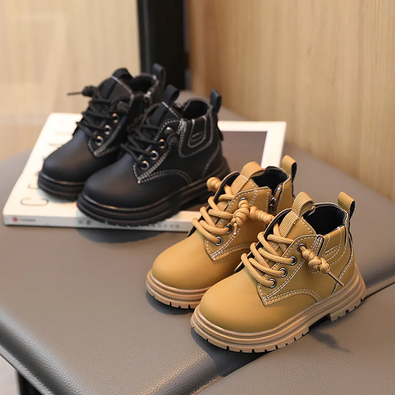 21-30 Fashion Children's Boots Autumn Winter Solid Color Boys Girls' Anti Slip Leather Boots Side Zipper Solid Kids Casual Shoes