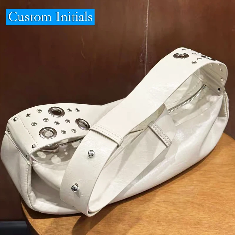 

Custom Initials Korean Casual Half Moon Bags For Women Luxury Designer Handbag And Purses 2025 New In PU Rivet Underarm Shoulder