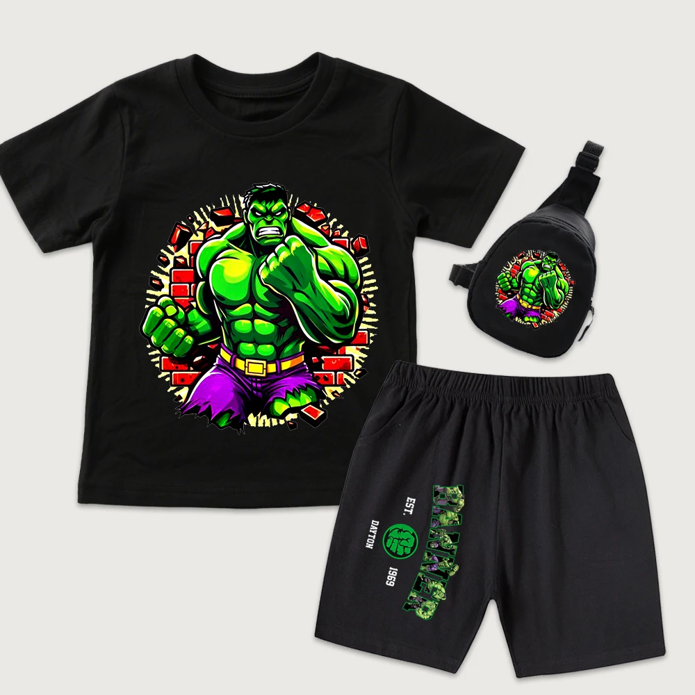 

Детская хлопковая футболка с принтом Angry Hulk Punch, шорты, мини-сумка на грудь, комплект из 3 предметов, повседневная летняя одежда для мальчиков и девочек