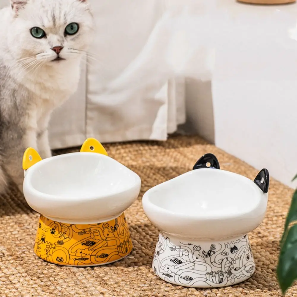 

Cute Ceramic Cat Bowl Non-slip Anti Overturning Pet High Foot Bowl Large Capacity with Cat Ear Spoon Pet Drinking Feeder