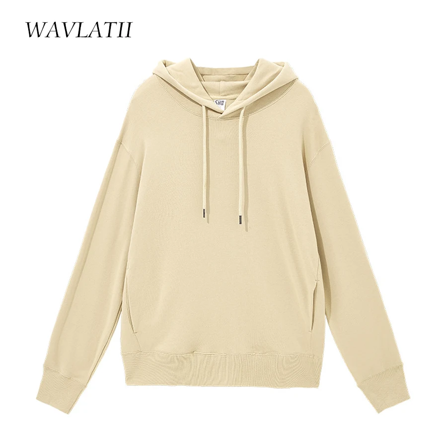 WAVLATII Women New Cotton Terry Hoodies Female Green Khaki Oversized Hooded Sweatshirts Lady Casual Solid Tops for Spring WH2201