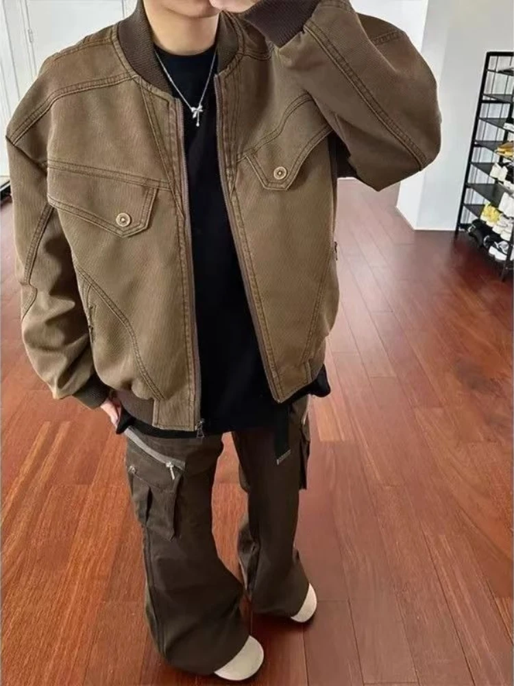 Men Spring Fall Corduroy Baseball Jacket Vintage Utility Denim Coat Streetwear Drop Shoulder Casual Jacket Retro Cargo Outerwear