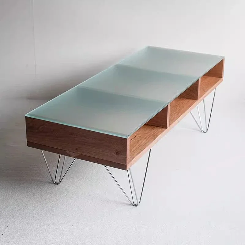 

Креативный журнальный столик из матового стекла, персонализированный столик из массива дерева и нержавеющей стали, популярный в интернете, для гостиной.