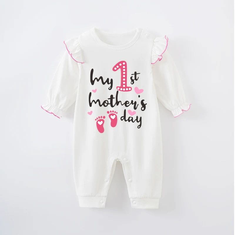 Mother's Day Newborn Baby Girl White Jumpsuit Costume Romper Onesie Boy Long Sleeve 100% Cotton Print Clothes Spring and Autumn