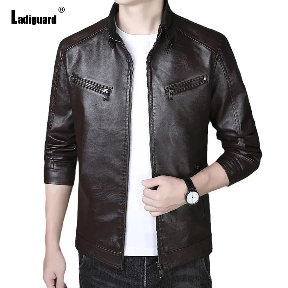 Ladiguard 2024 European Style Cool Luxury Pu Jacket Coffee Soft Faux Leather Jackets Men Fashion Diagonal Zipper Tops Outerwear