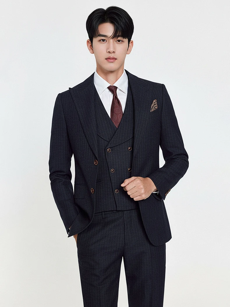 Men‘s Charcoal & Black Stripe Suit Luxury Business Formal & Groom Wedding Tuxedo Premium Blazer Set for Office, Engagement 58