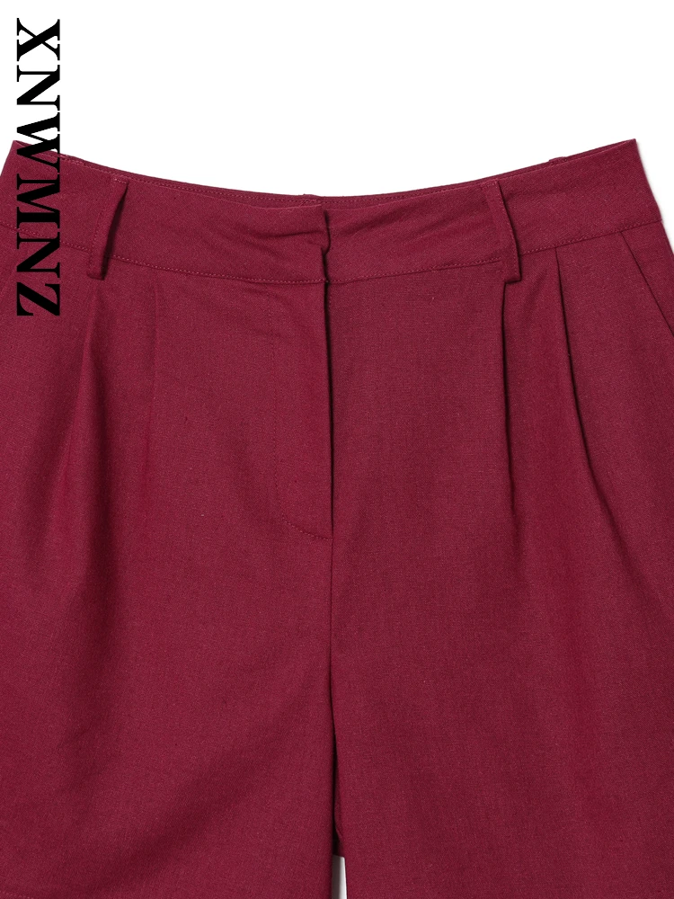 XNWMNZ 2025 Autunno Nuova Donna Semplice Pendolarismo Pulsante Pantaloni Corti di Lino Moda Casual Lady Rosso Vintage Vestibilità Regolare