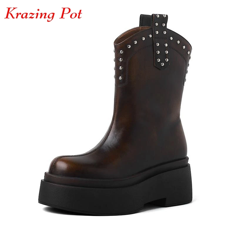 

Krazing Pot Cow Leather Round Toe Platform Motorcycles Boots Winter Keep Warm Super High Heels Slip On Metal Rivets Ankle Boots