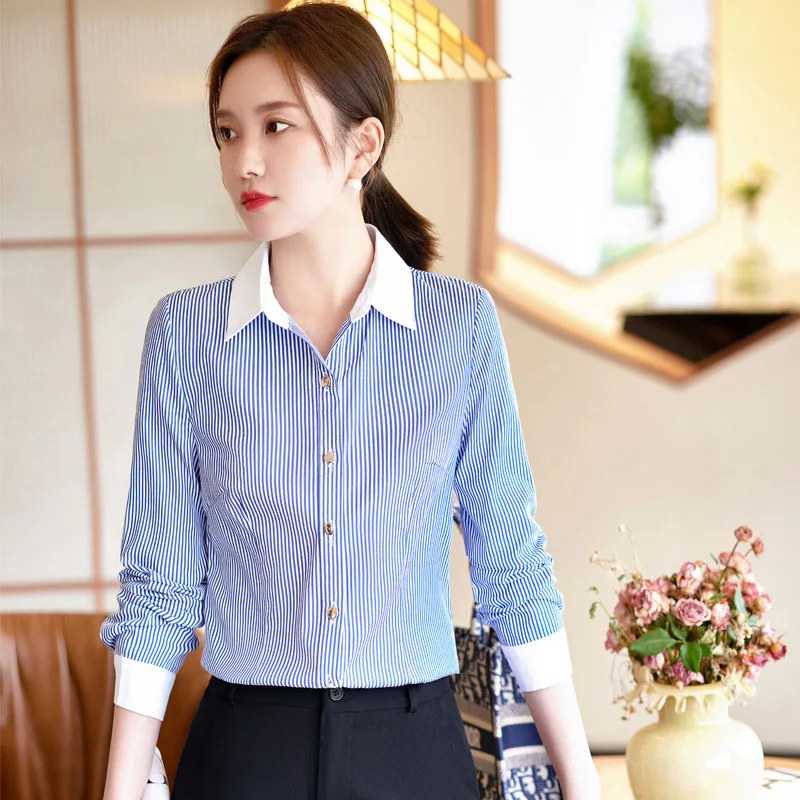 

Fashion Striped Long Sleeve Blouses Shirts for Women Office Work Wear Autumn Winter Elegant Professional Tops Clothes