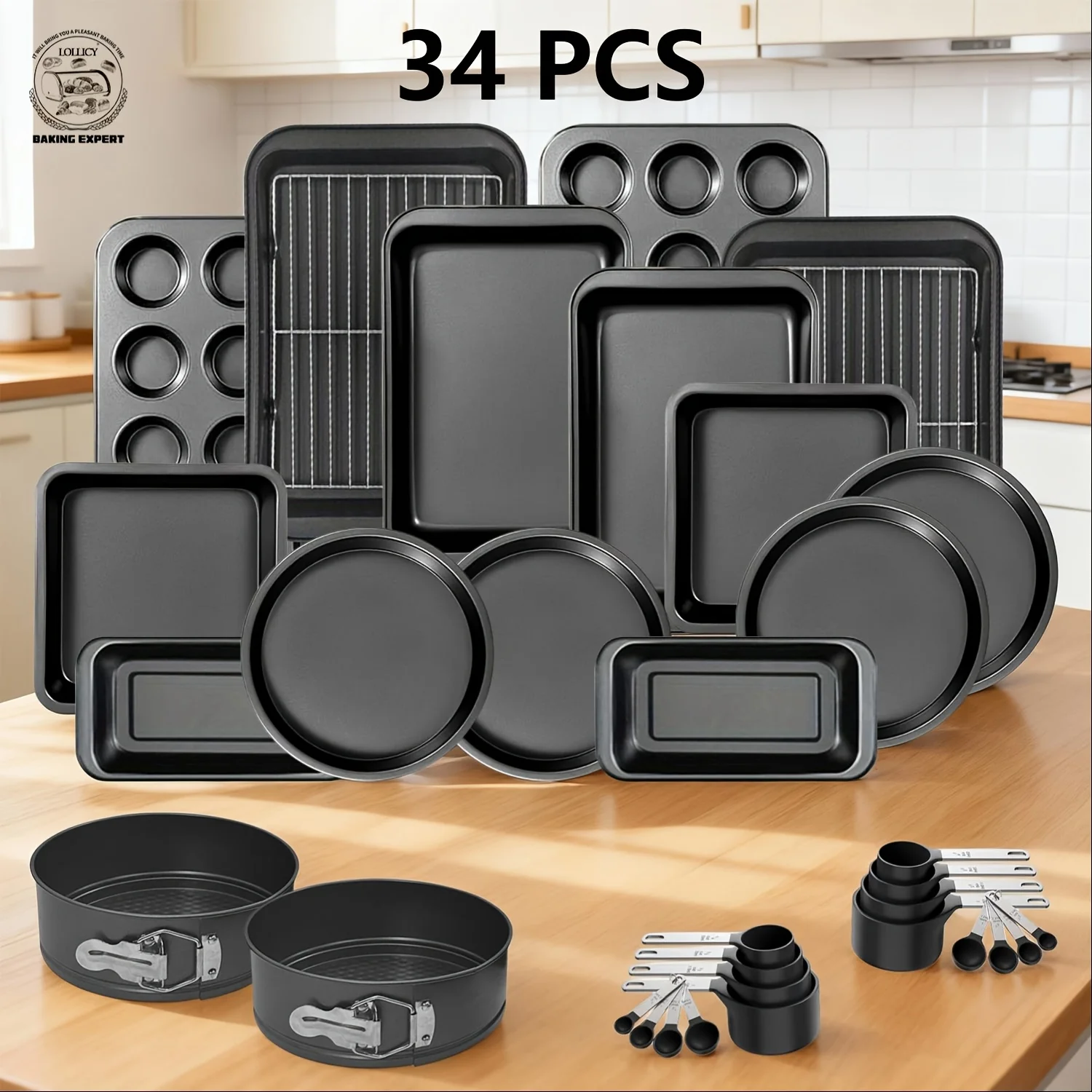 

34pcs Nonstick Bakeware Set with Cake Pans, Loaf Pan, Muffin Pan, Cookie Sheet, Roast Pan & Cooling Rack, Carbon Steel