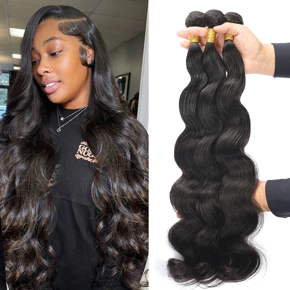 Tissage en Lot Brésilien Naturel Remy Body Wave, Extensions de Cheveux Bruts, 26 28 30 Pouces, 1 3 4