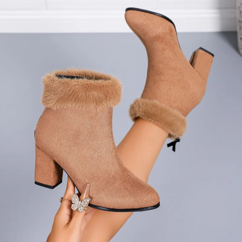 

2026 Winter Fleece New Booties Women's Versatile Fashion Zipper High Heels