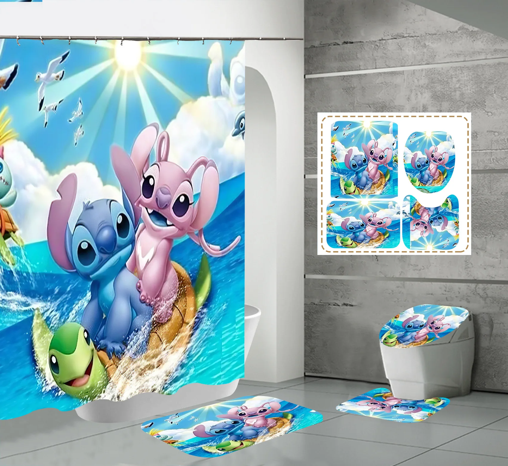 Disney Stitch Bathroom Curtains Shower Curtain Set for Bathroom Cartoon Ornate Bath Rug Decor