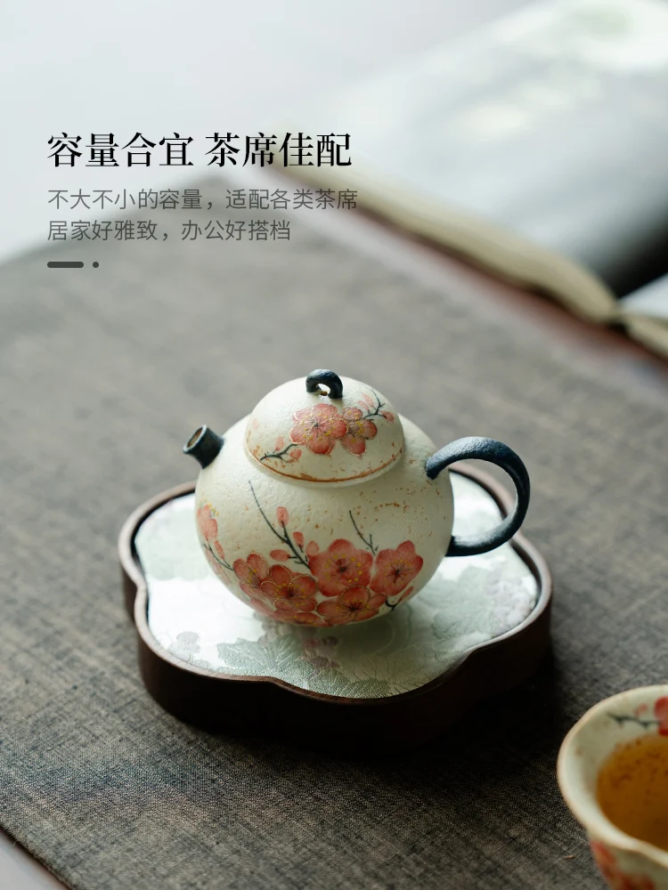 Blue and White Fire Stone Red Pure Hand Drawing Plum Ceramic Little Teapot Household Tea Brewing Kettle Kung Fu Set with Filter
