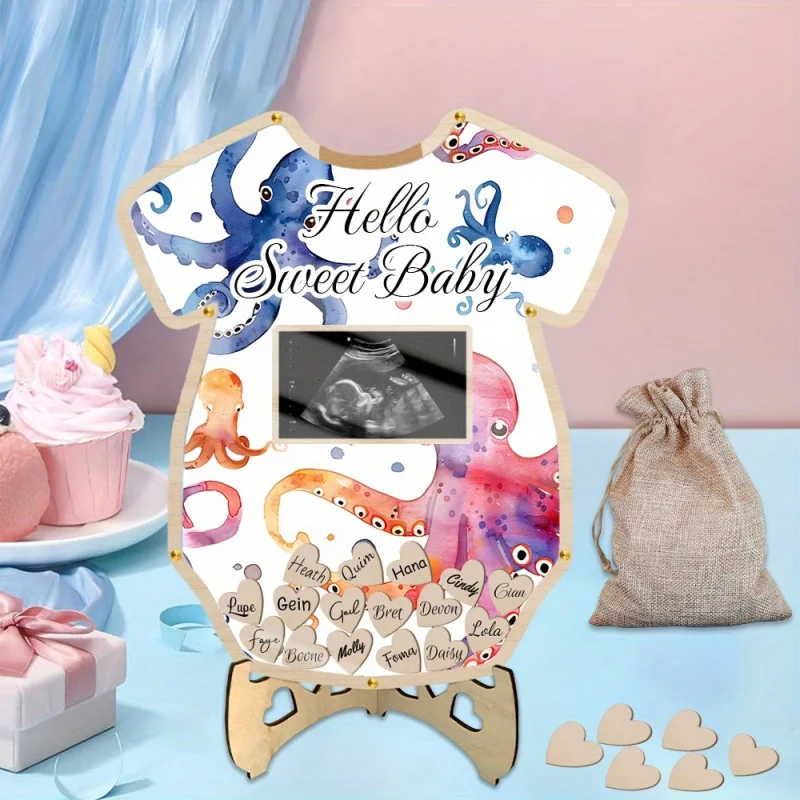 Baby Shower Decorations Guest Book, Onesie-Shaped Wooden Sign Plaque with 60 Heart Signing Pieces and Photo Frame