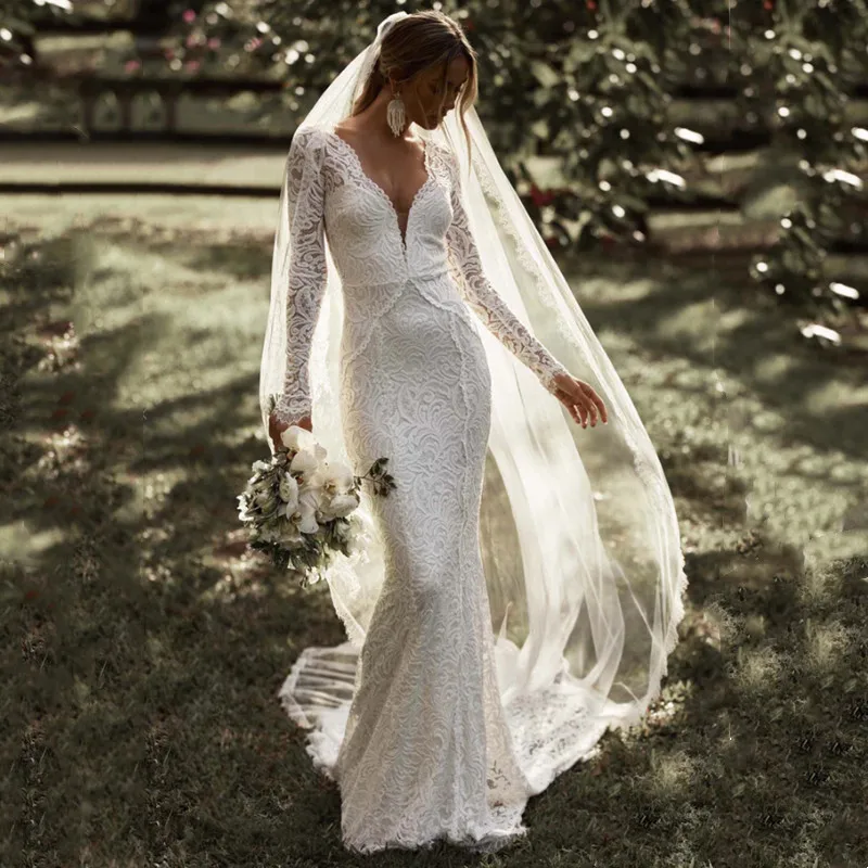 

Elegant Mermaid Wedding Dress For Women Lace Appliques Sexy V-Neck Illusion Open Back Long Sleeves Gowns Court Train Customized