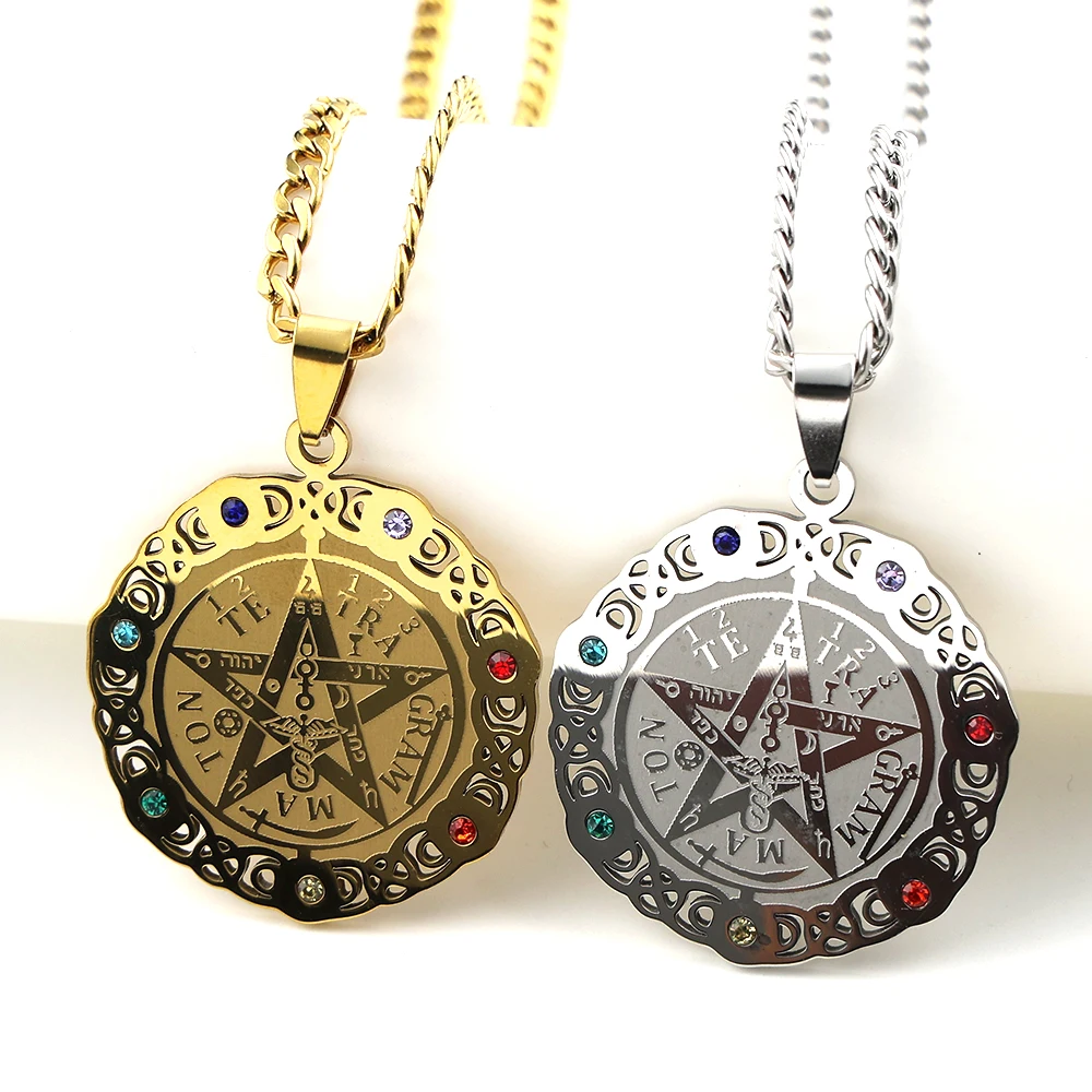 Collar Tetragramatón Pentagrama 7 Chakras Judío para Mujer y Hombre, Acero Inoxidable, Triple Diosa, Amuleto con Pedrería, Cadena, Joyería