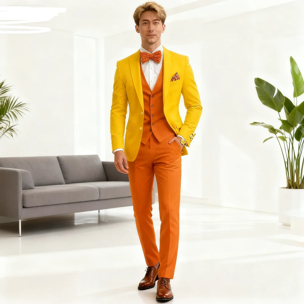 

Men's Formal White And Orange Suit Occasion Wedding Groomsmen Graduation Dance Smoking 3 Piece Tuxedo Traditional Male Attire