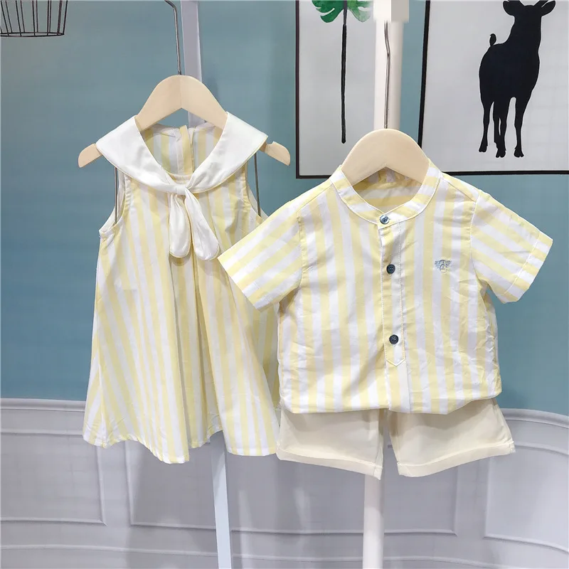 Korean Toddler Brother Sister Matching Outfits Striped Shirt Shorts Set Summer Baby Twin Clothes