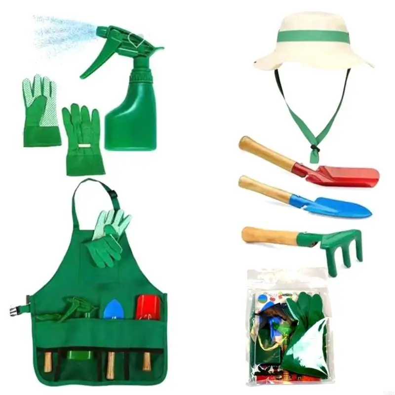 54DA Juego herramientas jardín para niños, 7 piezas, delantal jardín, pala, rastrillos, juego rol, juguete