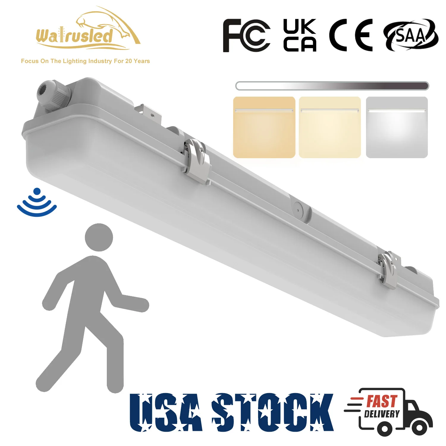

2 Foot Tri-Level Motion Sensor LED Waterproof Light, IP65 2500lm 100-277V 3/4/5000K CCT, Dimmable, Vapor Tight Shop Light, FCC